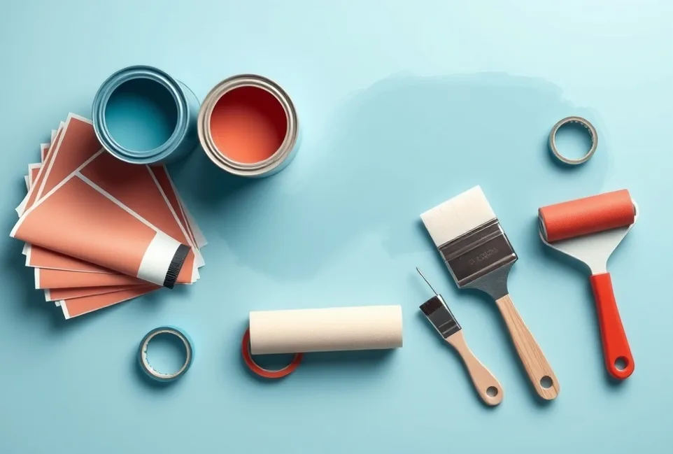 Pots de peinture, nuancier, brosses et rouleaux disposés à plat