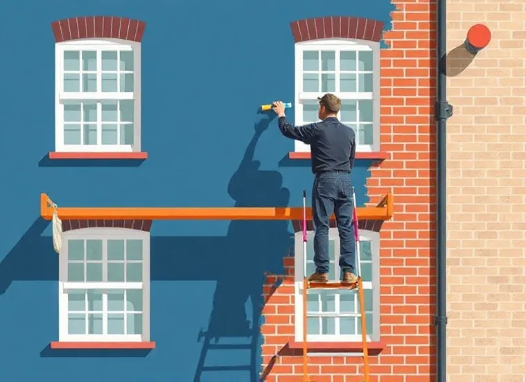 Peintre sur échafaudage traitant la façade d'une maison